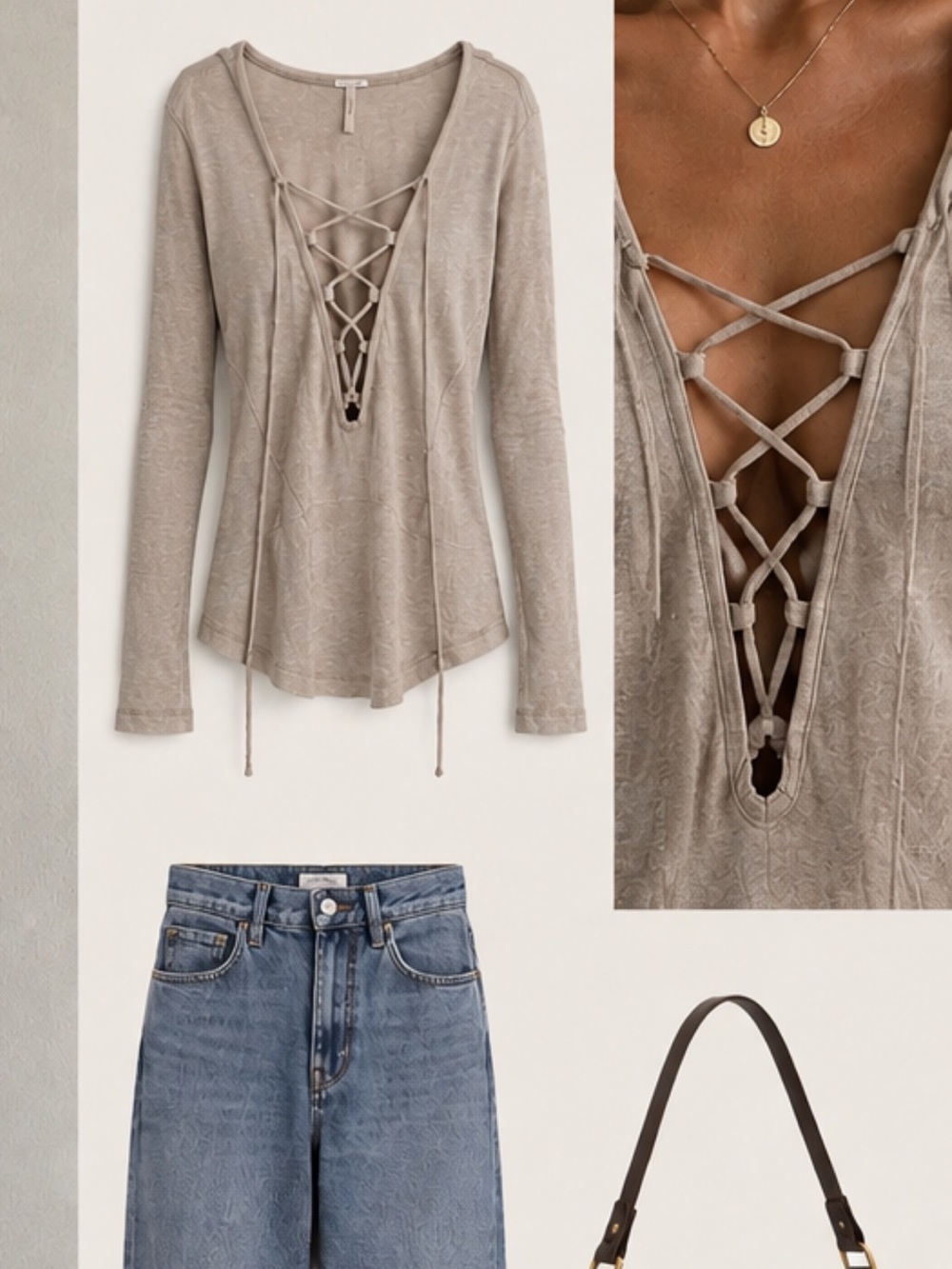 Free People Lace-Up Long Sleeve Top in Light Beige